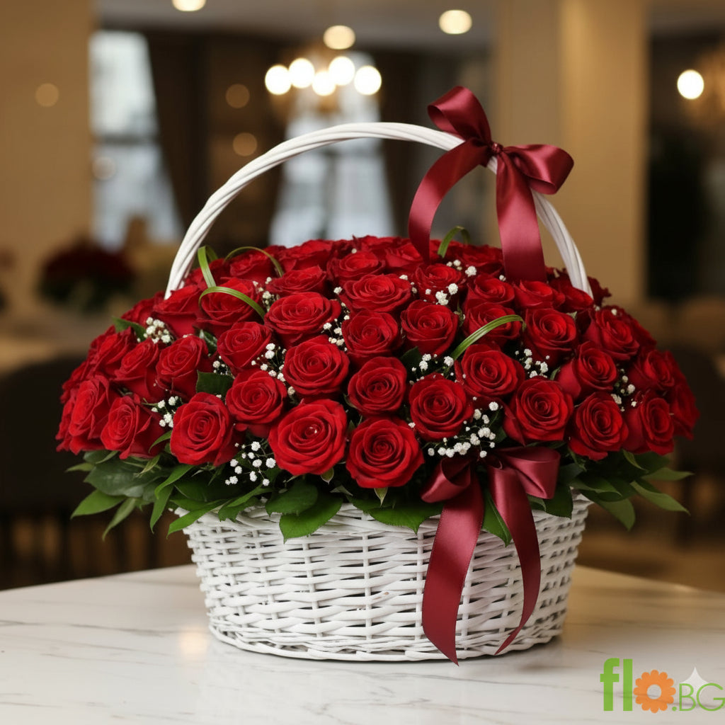 КОШНИЦА С 51 ЧЕРВЕНИ РОЗИ