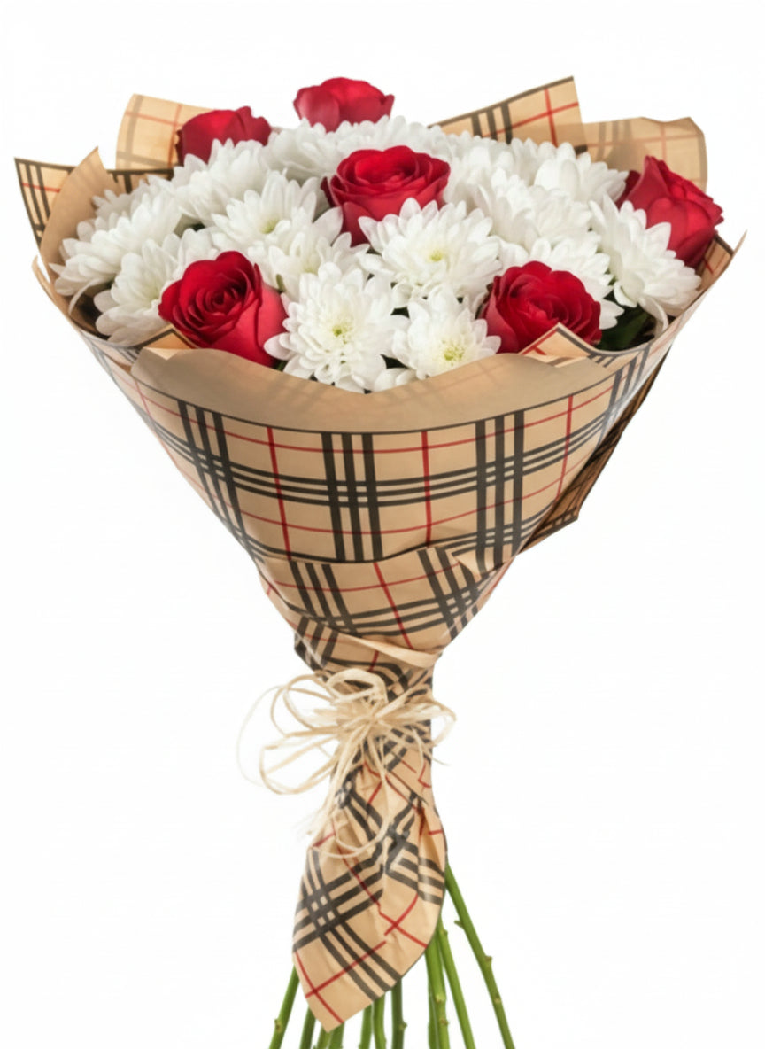 Класически букет от рози и хризантеми