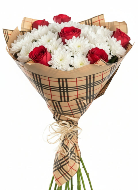 Класически букет от рози и хризантеми