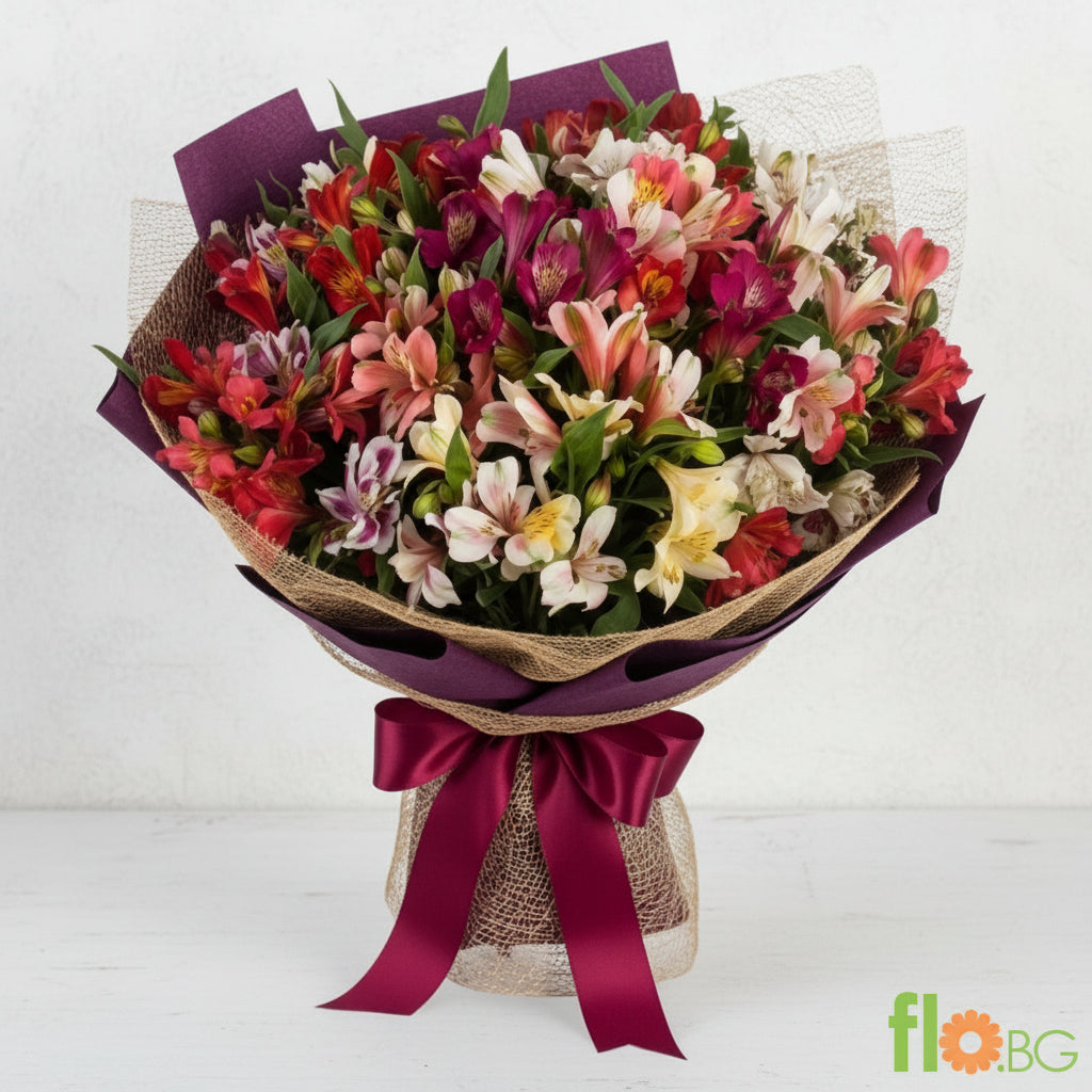 Букет от 19 разноцветни алстромерии в луксозна опаковка с тъмнолилава панделка