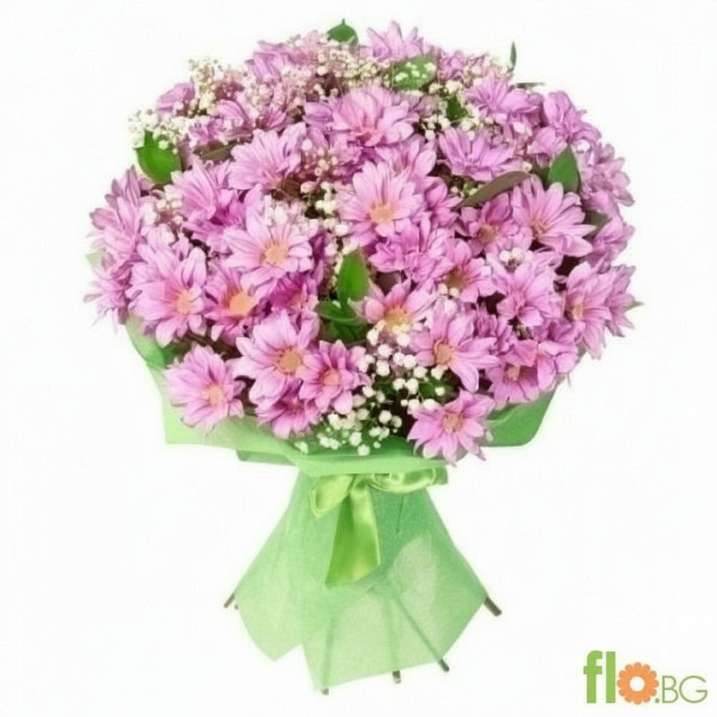 Букет от 9 розови хризантеmи със зеленина и опаковка