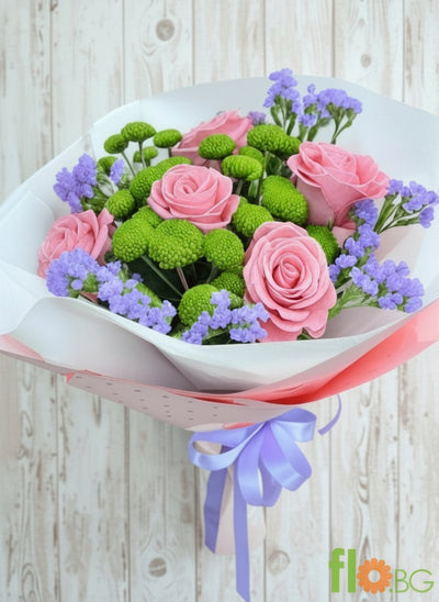 Bouquet of pink roses and green chrysanthemums – Spring Harmony