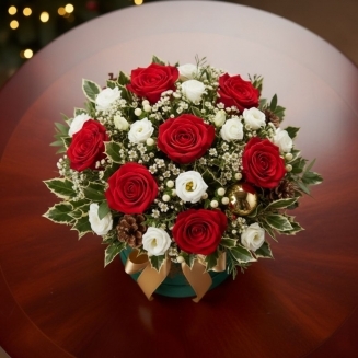 Коледна кутия с 7 червени рози, 3 еустоми и 3 алстромерии, декорирана със зеленина, шишарки и златна панделка.