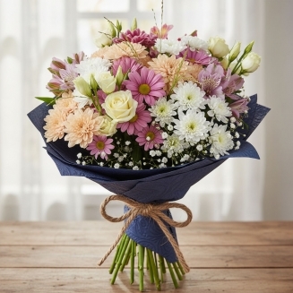 Букет с 7 хризантеми, 3 еустоми и 3 алстромерии, допълнен със зеленина, опакован в синя хартия с канапена панделка.